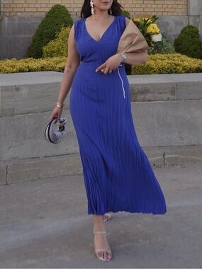 RW&CO. Cobalt Blue Pleated V-Neck Maxi Dress